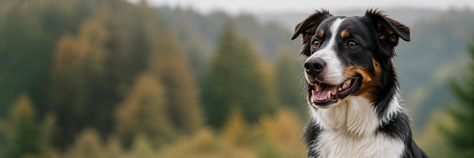 Aufmerksamer Hund vor einer Waldlandschaft