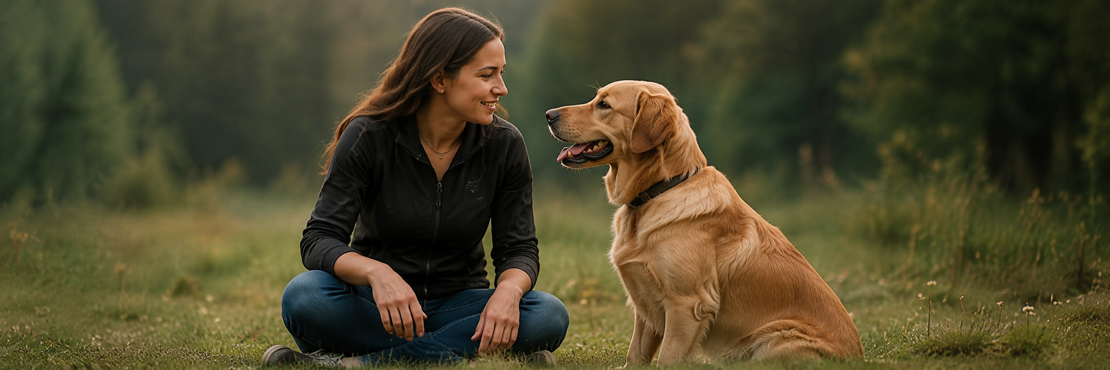 Trainerin mit Hund in der Natur